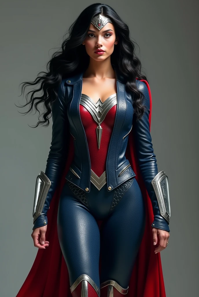 A beautiful woman with long black hair under the mantle of the Amazon warrior Wonder Woman (((with a navy blue leather suit that covers his entire body))) with tiny scales all over the suit Red Wonder Woman corset diaema in silver colored metal Silver colored metal bracelets Red boots fitted to the suit (((without cape)))