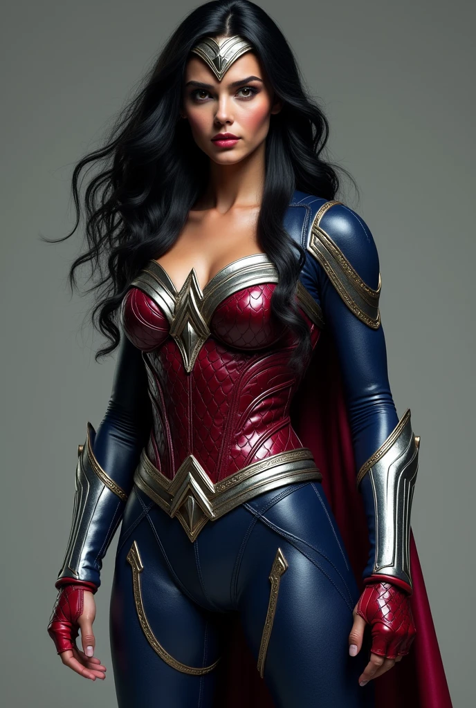 A beautiful woman with long black hair under the mantle of the Amazon warrior Wonder Woman (((with a navy blue leather suit that covers his entire body))) with tiny scales all over the suit Red Wonder Woman corset diaema in silver colored metal Silver colored metal bracelets Red boots fitted to the suit (((without cape)))