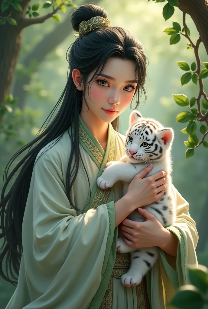 A fair-skinned man with a pretty face, wearing an ancient Chinese costume, 1, green eyes, long black hair, holding a pure white tiger cub in the forest, a cute picture.