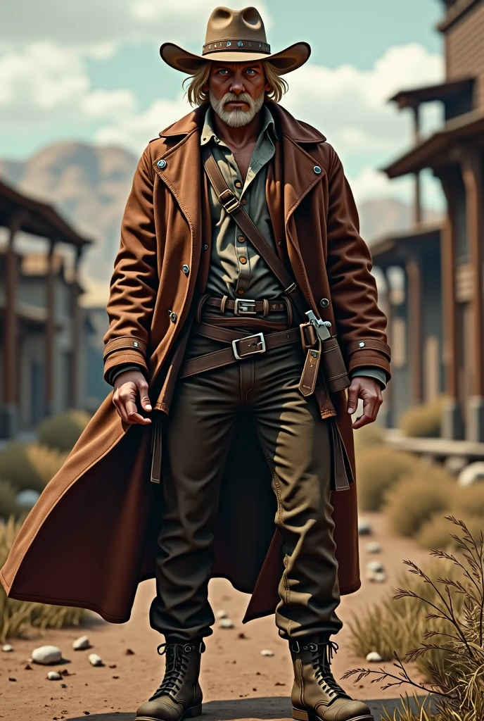 Cowboy, 30years, living in 1901, old american west, blonde medium hair, barba mediana, blue colored eyes, small scar on left eye, brave face, bounty hunter