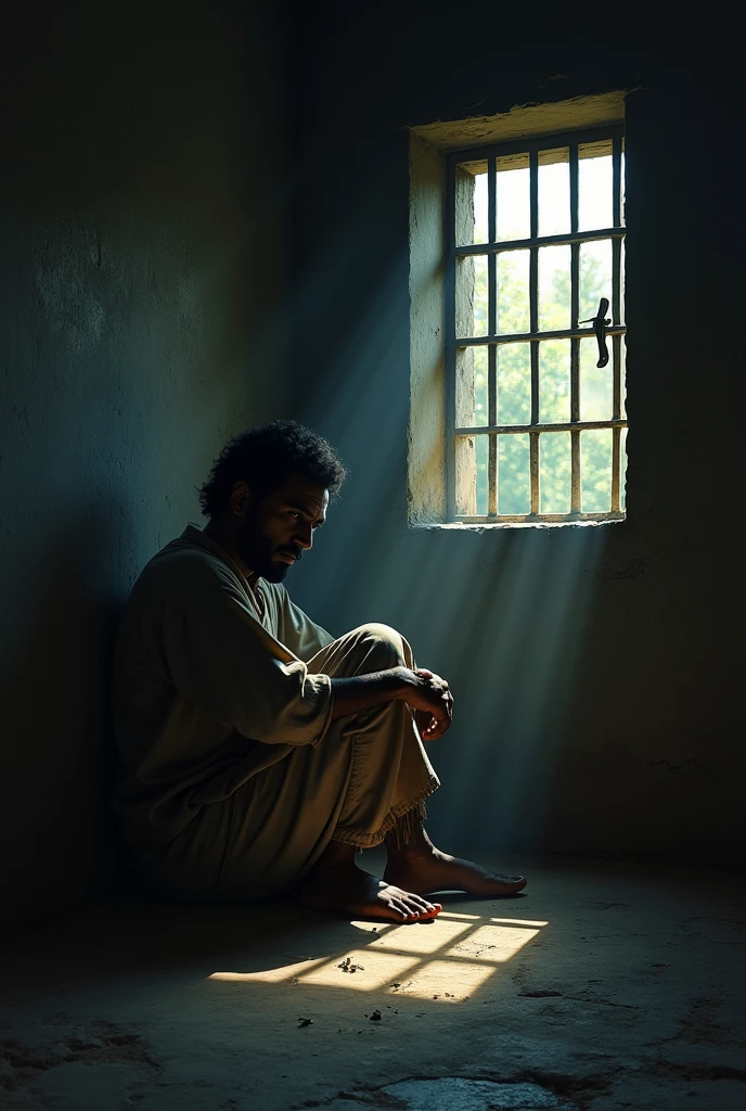 A poignant image of Birsa Munda inside a dimly lit colonial prison cell. He is seated on the cold stone floor, looking out through the barred window where a faint beam of light touches his face. His expression is one of resolve and defiance, showing his unwavering spirit even in captivity. The background shows the rough, oppressive walls of the cell, with shadows cast in a way that symbolizes both confinement and hope.