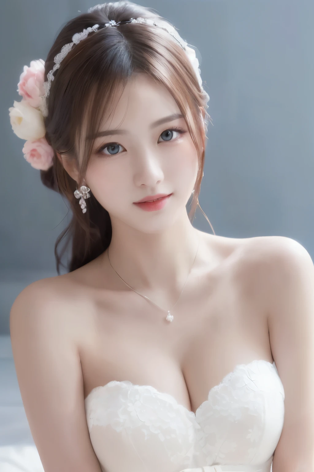 ((Create a hyper-realistic portrait of a stunningly beautiful young Japanese woman:1.2)),She should be perfectly smooth, ((Porcelain-white skin,God to her々Give it a new shine,Her features are delicate and perfectly balanced.:1.3)),big, Expressive eyes that captivate the viewer,((Big Breasts,Her chest is emphasized,The underboob is visible:1.37)),((It is slender but has elegant curves:1.3)),((Wearing provocative black lace lingerie,Wearing a black garter belt:1.3)),Elegance and youth,((Upper body silhouette:1.2)),It exudes fresh and vibrant energy.,Women's hair is long, ponytail, Attractive brown hair,Flowing down my shining back, Silky Flow. ((The image is、It needs to be ultra-high resolution to show sharp details:1.3)),Perfect lighting accentuates skin softness and eye depth. The background should be simple, Attracting all attention、Focus on her beauty, but、soft, A neutral color that complemented her overall look.,Background on the street