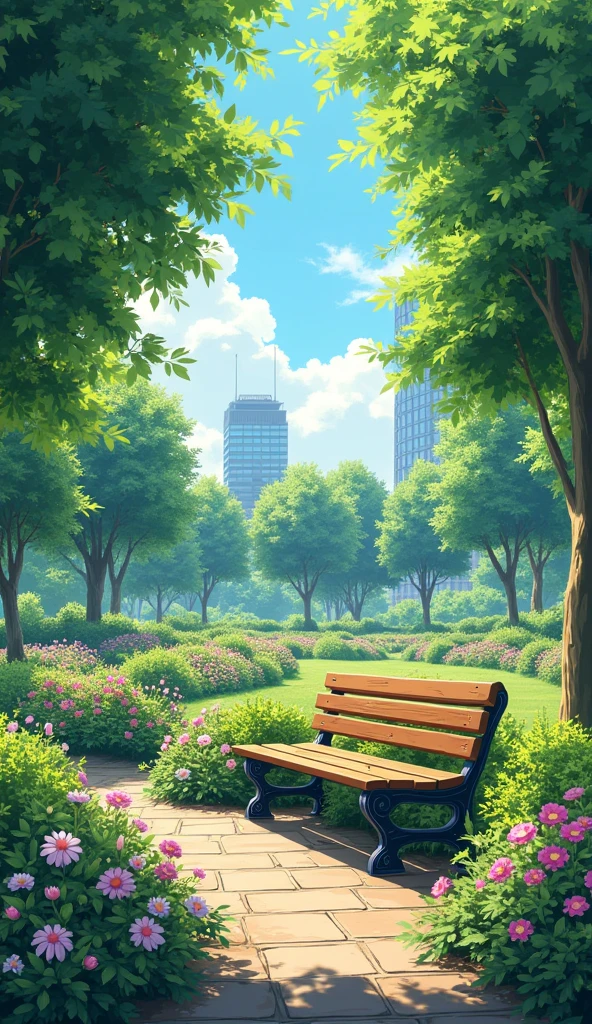 ((masterpiece)),(((bestquality))),((ultra-detailed)),((illustration)),Create a highly detailed, photorealistic anime-style illustration of a serene city park set in a location reminiscent of London. The scene features a lush garden filled with vibrant flowers and greenery, with a wooden bench as the focal point. It's a bright noon, with sunlight streaming down, casting dramatic and cinematic lighting across the scene. The park exudes a tranquil, picturesque atmosphere, with ultra-detailed textures in every element—from the leaves on the trees to the grains in the wooden bench. The overall color palette should be vibrant and lively, capturing the essence of a peaceful day in a well-maintained urban park. The image should be rendered with the highest quality (4K, 8K) and possess a photo-realistic finish, highlighting every intricate detail in a manner that feels both cinematic and serene. The composition should evoke a sense of calm and beauty, making the park feel like a perfect retreat from the bustling city.