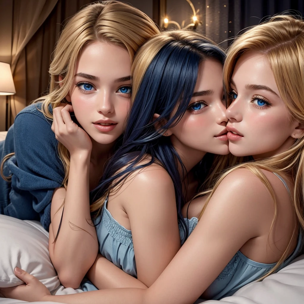 Young girls ,-yeld, pionately making out, kissing, lips touching, hugging tight, both blushing intensely, blue eyes, in bed, night time,Gold hair, Sexi and excited expression. 