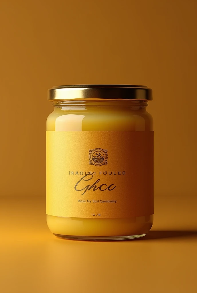 Luxurious Container Design:Material: Use high-quality glass jars or matte metal tins. Glass jars should have a natural amber or golden tint to reflect the color of real ghee. Metal tins should have a sleek, matte finish that complements the ghee's color.Shape: Opt for elegant, straightforward shapes like a rounded or slightly tapered jar. Ensure the design is practical yet luxurious.Color Representation:Ghee Color: Ensure the packaging material allows the natural golden or amber color of the ghee to be visible. For glass, choose a shade that enhances the ghee’s color, while for metal tins, a slightly translucent design can work.Label Design: The label should be designed to complement and enhance the natural color of the ghee. Use colors and materials that highlight the ghee's golden hue.Sophisticated Color Palette:Primary Colors: Deep, warm gold or amber for both the container and label to match the ghee’s color.Accent Colors: Use subtle metallic accents, like gold or bronze, for text and design details to add a refined touch.Elegant Branding:Logo Placement: Feature your company’s logo prominently on the container. Ensure it’s the focal point with high-quality printing or embossing.Font and Design: Use an elegant serif or script font for the logo and product details. Keep the design simple to emphasize the logo and natural color of the ghee.High-Quality Labeling:Label Design: Directly apply the label to the container. Use textured or metallic foil labels to add a premium feel.Minimalist Approach: Keep the design clean and focused on the logo. Include essential details like weight and product attributes in a refined manner.Size Options:1 kg and 0.5 kg Containers: Design separate labels or slightly different shapes for the two sizes to differentiate them. Ensure both sizes reflect the same premium quality and design elements.Label Dimensions: Adjust the label size appropriately for each container to maintain visual balance and prominence of the logo.Unique Features:Se