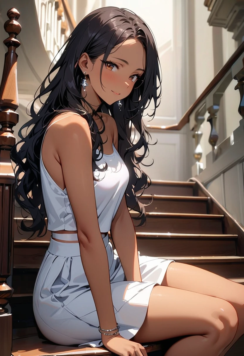 (masterpiece, best quality:1.3), a woman, 19-years-old, solo, mature face, average height, tan skin, slender figure, (long black wavy hair that's parted in the middle, no bangs:1.2), brown eyes, warm smile, light pale pink tank top, strapless tank top, silver bracelet, small silver earrings, white skirt, sitting, staircase, sitting on stairs, indoors