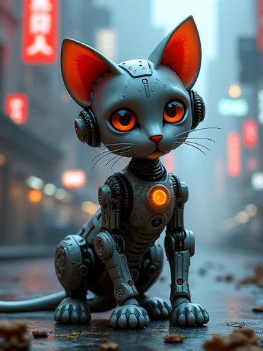 A cute kitten made of metal, robot, cyberpunk style, ((intricate details)), hdr, ((intricate details, super detailed)), cinematic footage, vignette