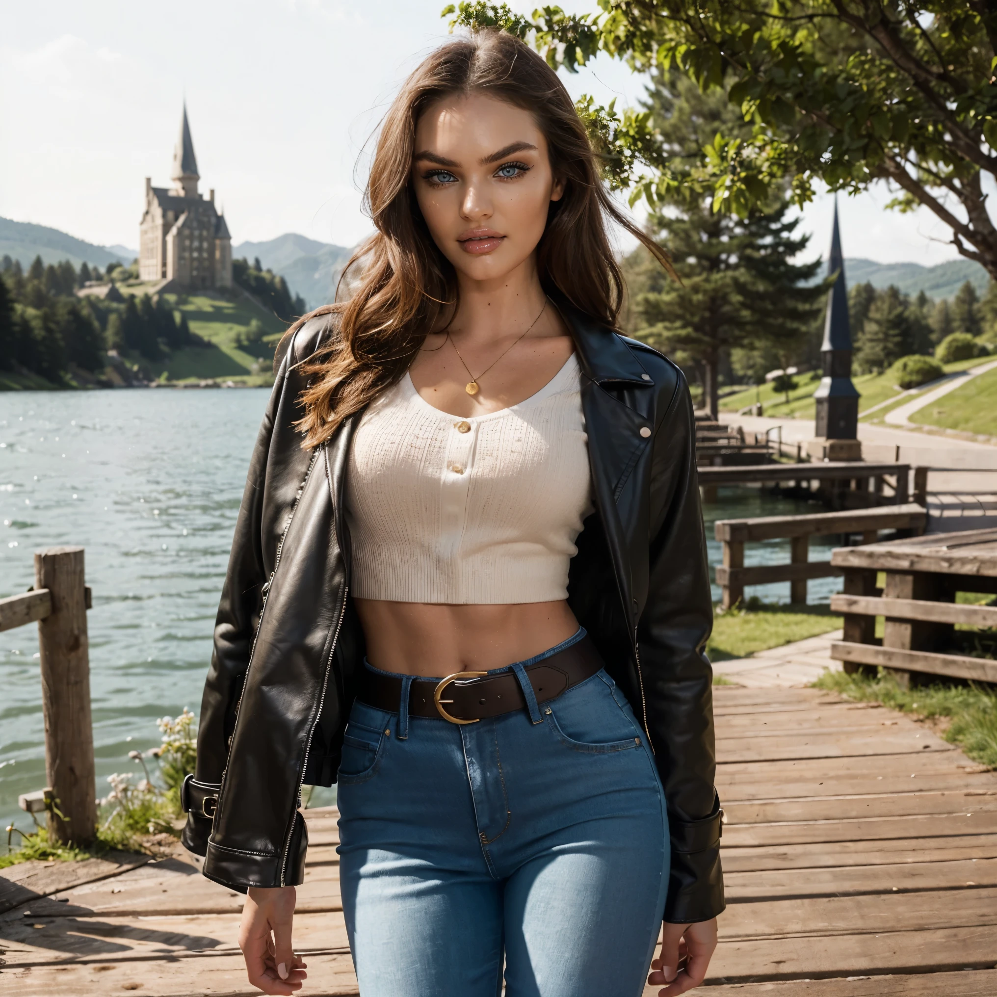 (Best Quality), (ultra-detailliert), (master piece), (hight resolution), 16K resolution, 1 woman, 20 years old, Candice Swanepoel, looking at viewer, close up shot, view from above, sassy smile, radiant smile, seductive, lustful facial expression, confident, (Her outfit includes an open black leather jacket, which is both sleek and contemporary. The jacket's surface is smooth and pristine. It has a modern cut, emphasizing her slender figure and adding a sharp, stylish element to her attire.) wears white tanktop beneath the leather jacket, golden necklace, tight blue jeans, tight-fitting belt with golden buckle, ((blue eyes, detailed eyes)), blond hair, long wavy hair, (beautiful and detailed face), slender waist, thin body, narrow shoulders, clean sunbuthed skin, The scene is set on the wooden dock extending over the calm lake, with Hogwarts castle visible in the distance atop a dominant hill. The surrounding environment features a lush forest bordering the gravel path that leads from the dock to the castle. Hogwarts castle, wooden dock, tranquil lake, steep hill, lush forest, gravel path.