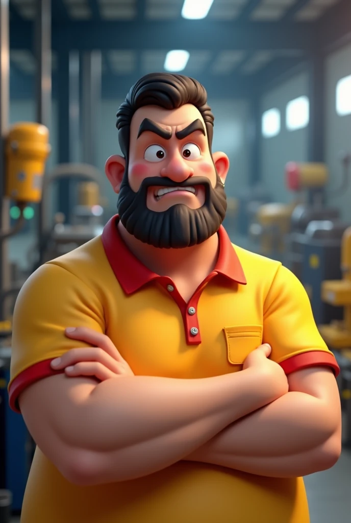 3d cartoon white man 40 years old black hair brown beard frowning forehead well-humored yellow polo shirt with red collar working in factory 
