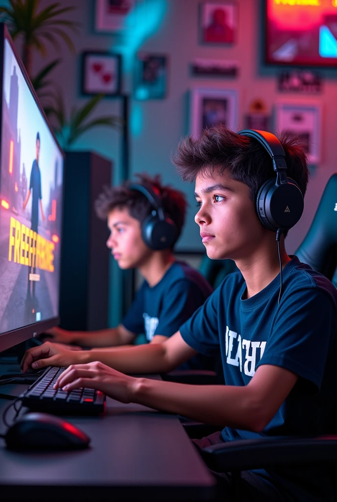 Two brothers playing game free fire in gaming room name written on their shirts haris, hunaid