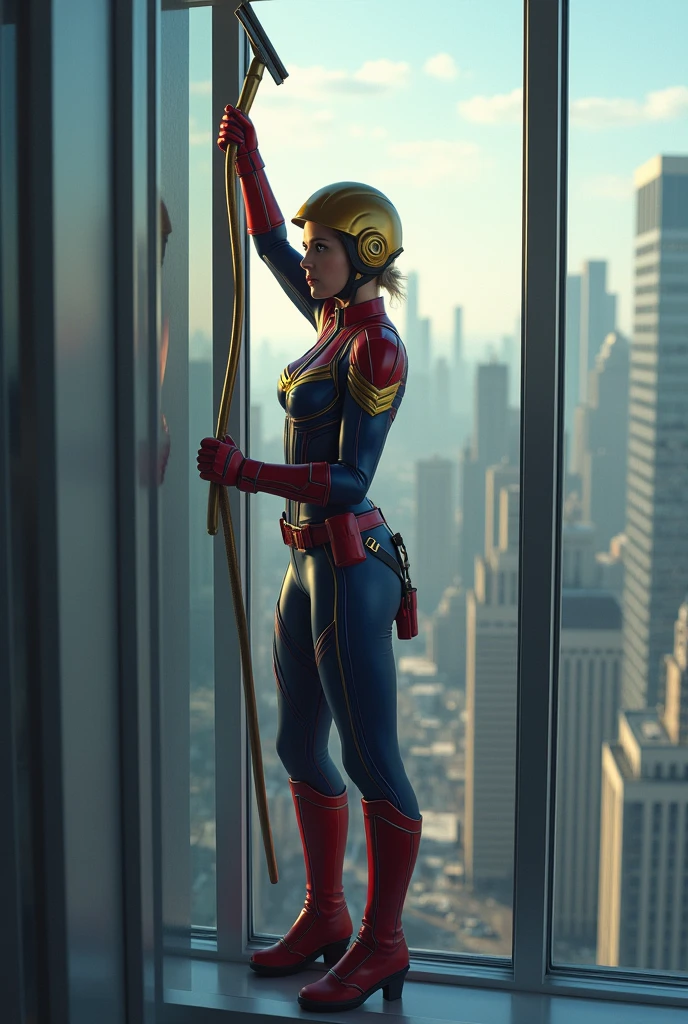 hình ảnh thực tế, siêu anh hùng marvel, captain marvel làm nhân viên lau kính trên một tòa nhà cao tầng, đội mũ màu vàng, tay cầm chổi lau
