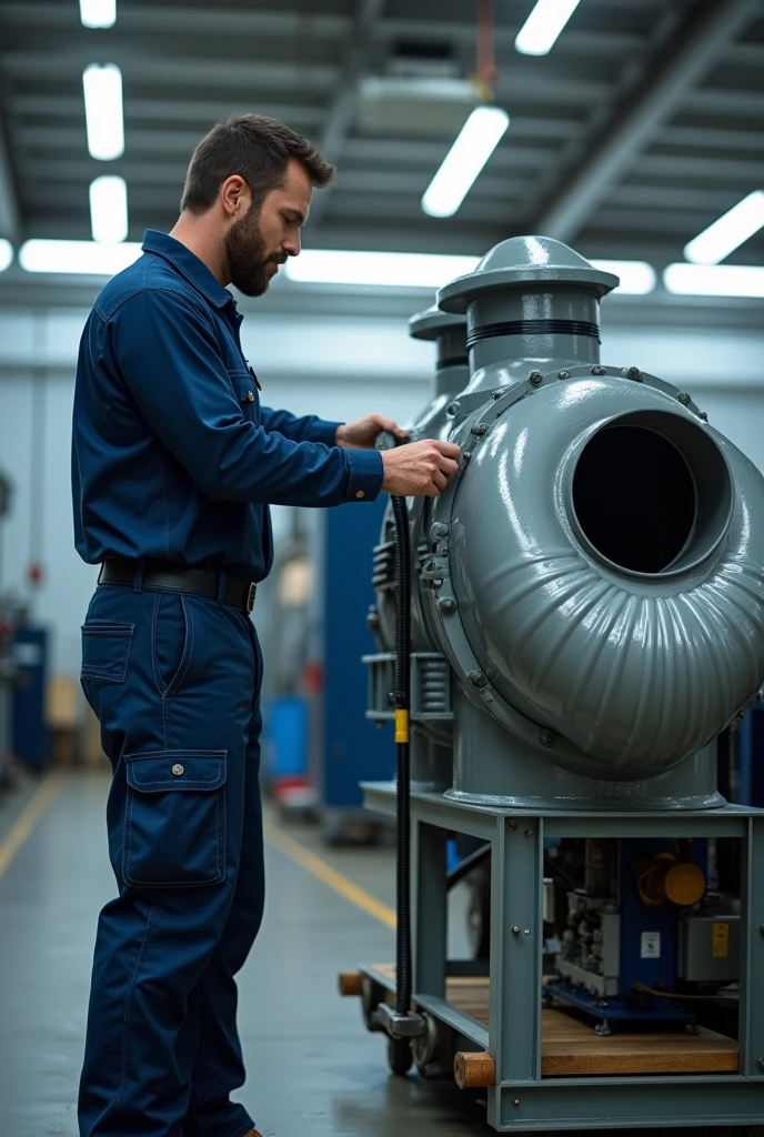 High-resolution image of a male worker wearing a blue industrial uniform, operating an air blower/exhauster with a duct attached. The scene should depict the man handling the equipment in a work environment, with clear details on the blower, duct, and uniform, ensuring sharp focus and professional lighting.