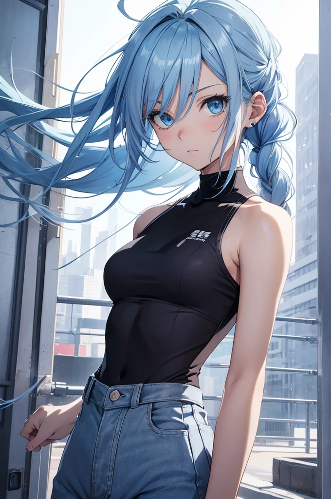 beautiful girl, high quality image, details in 4k, slim body and proportionate figure, with black t-shirt blue sleeves, light blue ripped jean pants