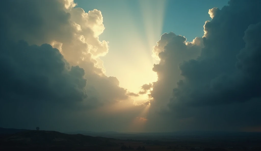 Dark clouds parting to reveal a bright, clear sky.
