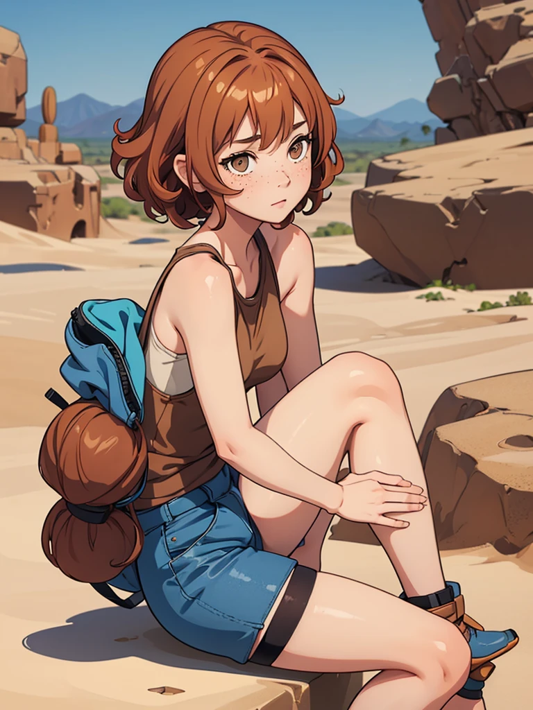 (masterpiece), (best quality), ((one girl)) copper hair,(brown eyes),short hair, curly hair, anime style, freckles, (small breast), (petite figure), blue tank top, knee pads on each leg, legs, (desert background))