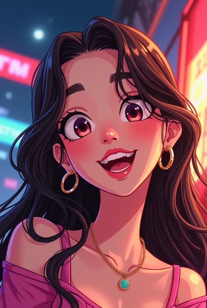 chaeryeong itzy, cartoon, detailed, perfect, high quality, happy, korean, Idol, black movie, long face, happy and bright eyes, 22 years