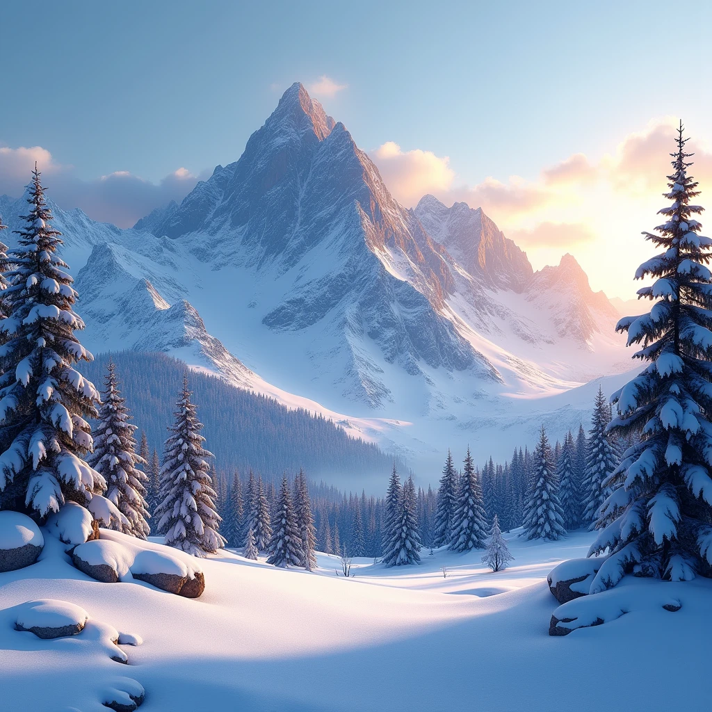 A dramatic mountain landscape during winter, with towering snow-covered peaks under a clear blue sky. The sun is setting, casting a warm golden glow on the snow, creating high contrast shadows on the rugged terrain. Pine trees, heavy with snow, stand in the foreground, and a pristine, untouched layer of snow stretches out in all directions. The air is crisp, and the scene is illuminated by the last rays of sunlight.