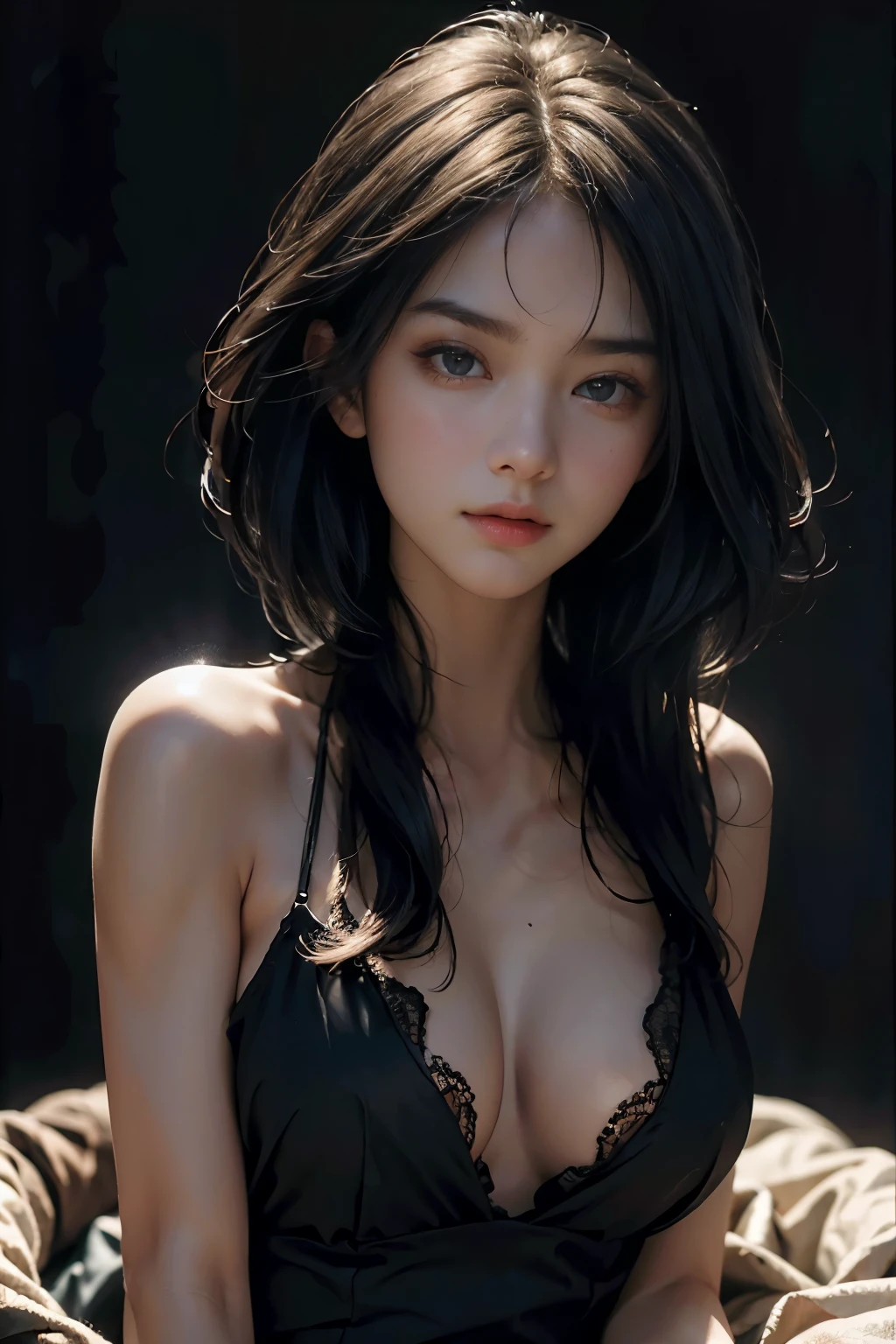 masterpiece, best qualitiy, RAW photos, realisticlying, A high resolution, hyper-detailing, Focus on the face, looking at viewer, Detailed eyebrows, realistic beautiful eyes, realistic glossy skin, straight Bangs, realistic movie lighting, detail shaded, high contrast, Slender, big boob, Big breasts, Exposed cleavage, open mouse, nsfw, Sexy face, Facial expressions when receiving pleasure, ((Dark background))