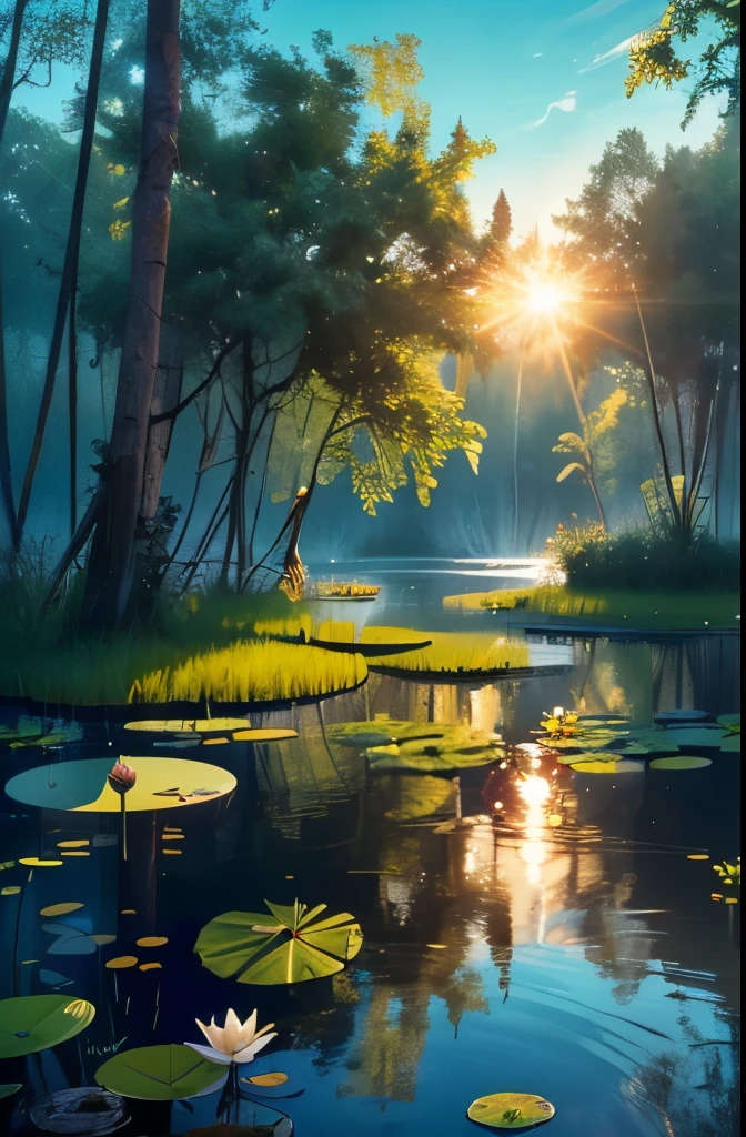 there is a pond with lily pads and water lillies in the water, a digital rendering by Juergen von Huendeberg, shutterstock, hurufiyya, pond with frogs and lilypads, scene from louisiana swamps, green lily pads, located in a swamp at sunrise, aquatic plants, lily pads, overgrown with aquatic plants, marsh vegetation