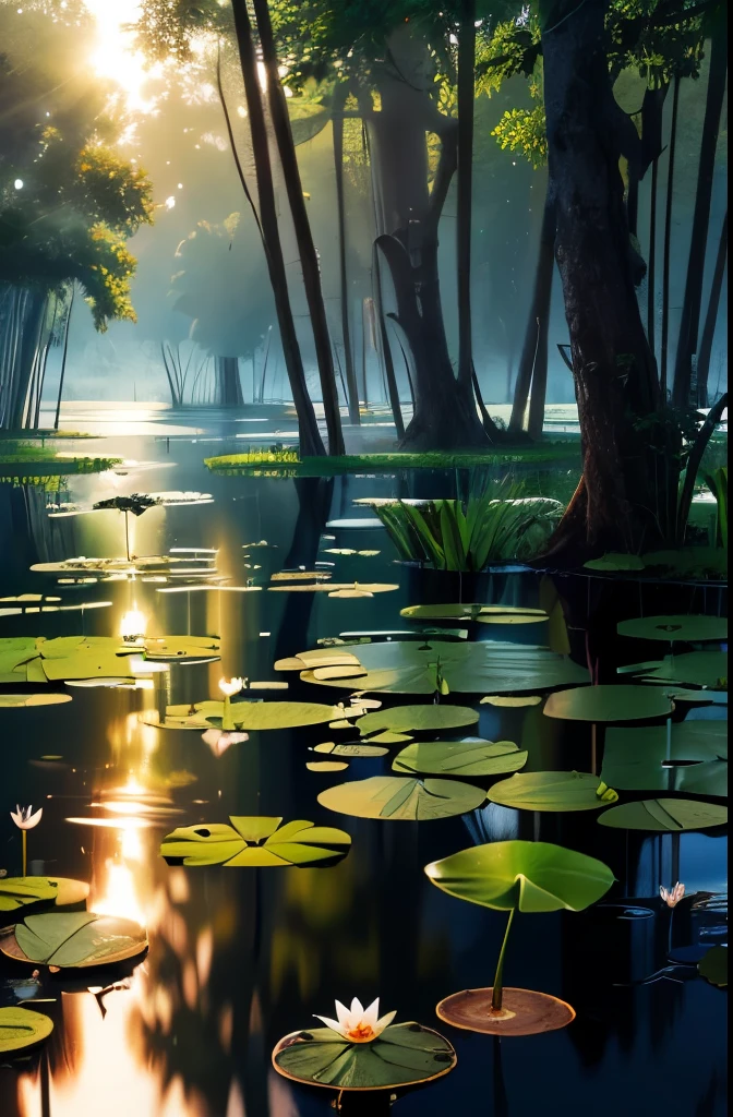 there is a pond with lily pads and water lillies in the water, a digital rendering by Juergen von Huendeberg, shutterstock, hurufiyya, pond with frogs and lilypads, scene from louisiana swamps, green lily pads, located in a swamp at sunrise, aquatic plants, lily pads, overgrown with aquatic plants, marsh vegetation