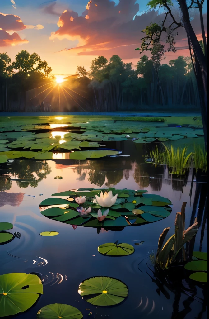 there is a pond with lily pads and water lillies in the water, a digital rendering by Juergen von Huendeberg, shutterstock, hurufiyya, pond with frogs and lilypads, scene from louisiana swamps, green lily pads, located in a swamp at sunrise, aquatic plants, lily pads, overgrown with aquatic plants, marsh vegetation
