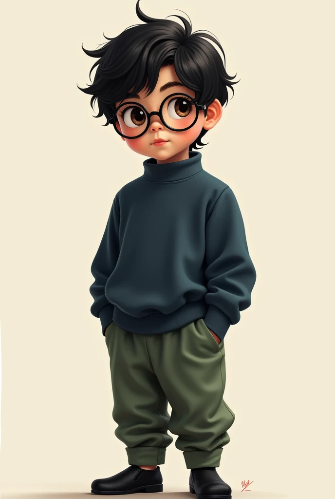 realistic boy, wavy black hair, Brown eyes, with glasses, high, dark blue shirt, green pants, with black shoes