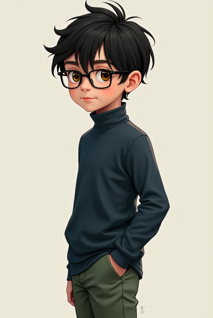 realistic boy, wavy black hair, Brown eyes, with glasses, high, dark blue shirt, green pants, with black shoes
