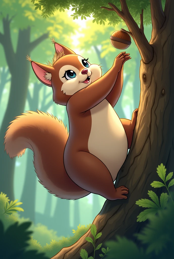 Create a furry of a big-breasted squirrel girl in anime style, climbing a tree to pick a nut