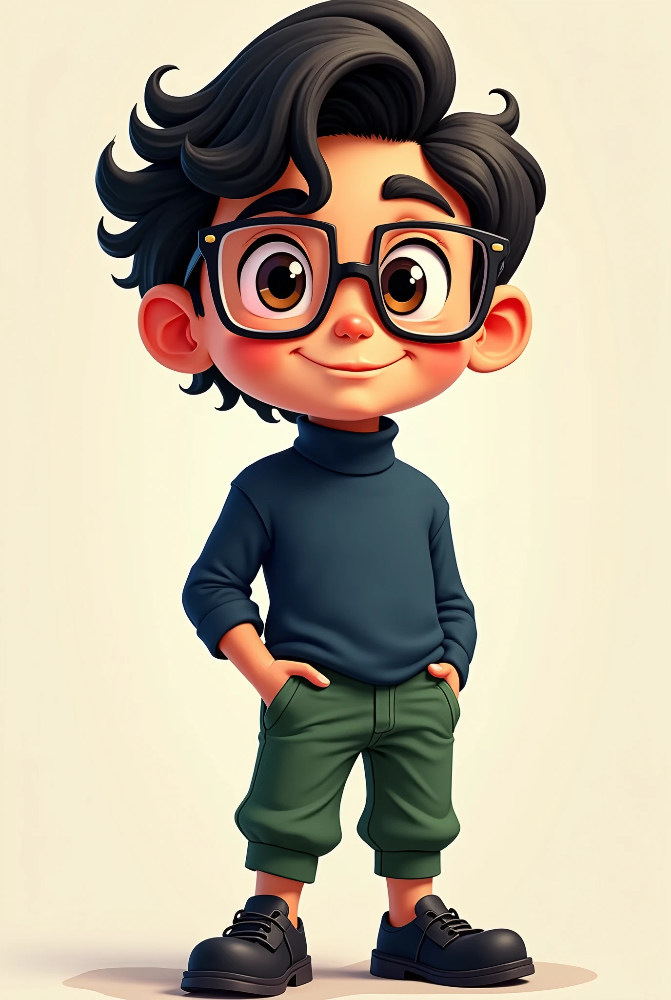 Chico, wavy black hair, Brown eyes, with glasses, high, dark blue shirt, green pants, with black shoes