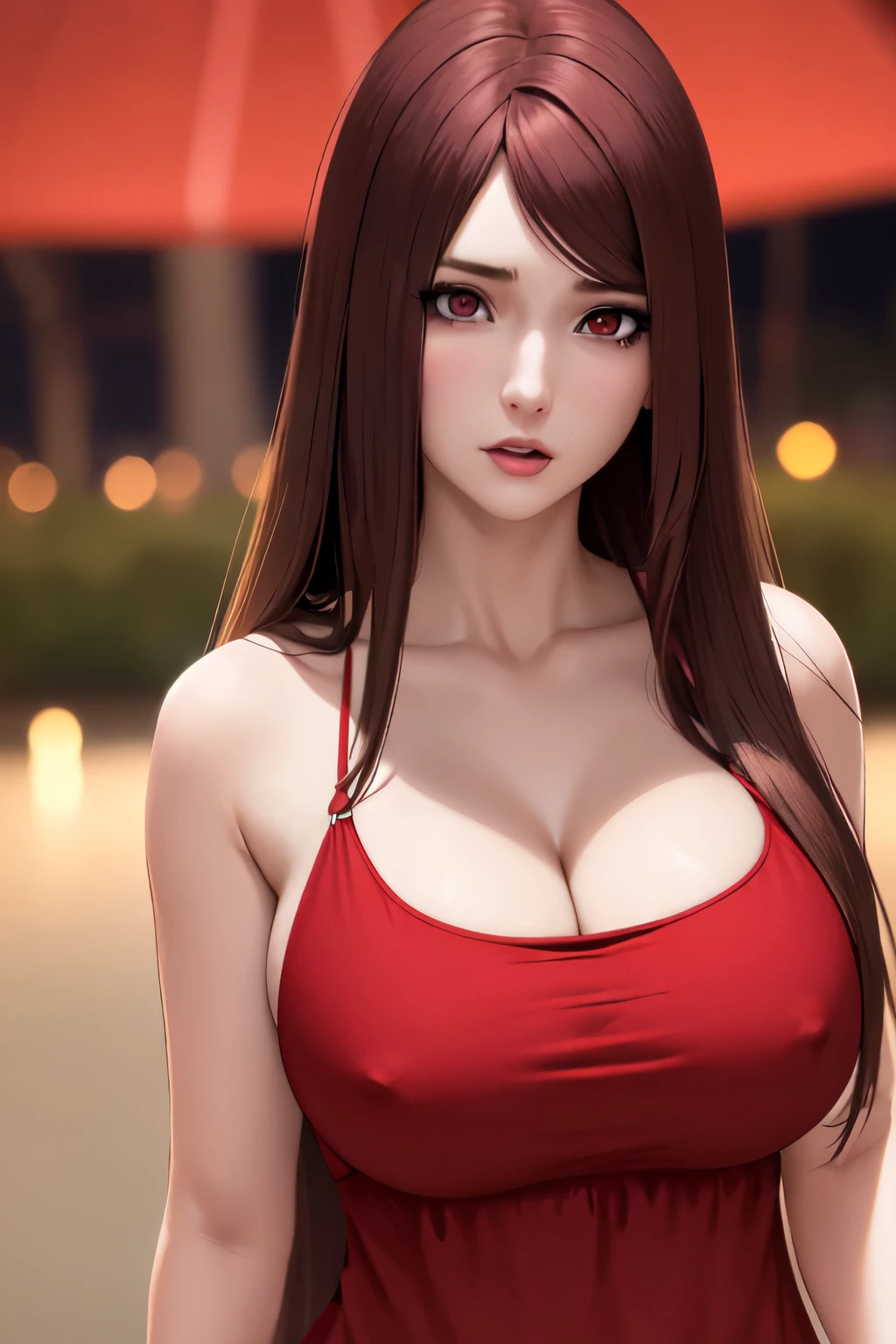 1 girl,cute,Walk, focus on the face,long hair, straight hair, in the park,at night,straight hair,brown hair, bright red eyes,big breast,,red Night gown ,close up photo, looking at viewer,red eyes