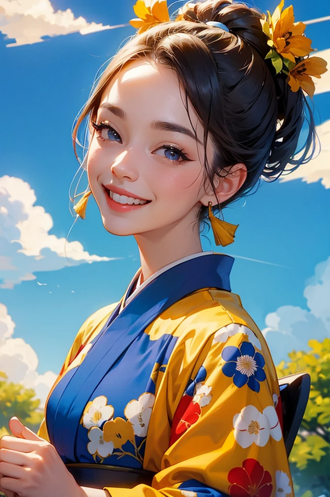 Bust-up of a beautiful woman in a kimono showing a bright smile and thumbs up under a blue sky