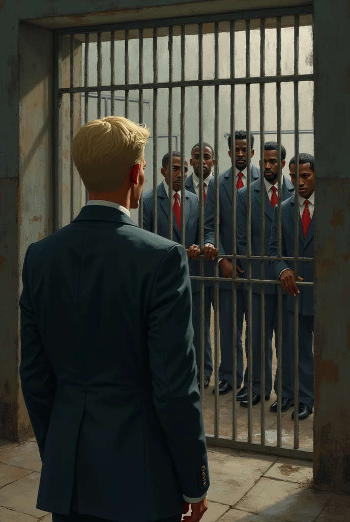 An American white blonde person looking at black people that are  in a cage