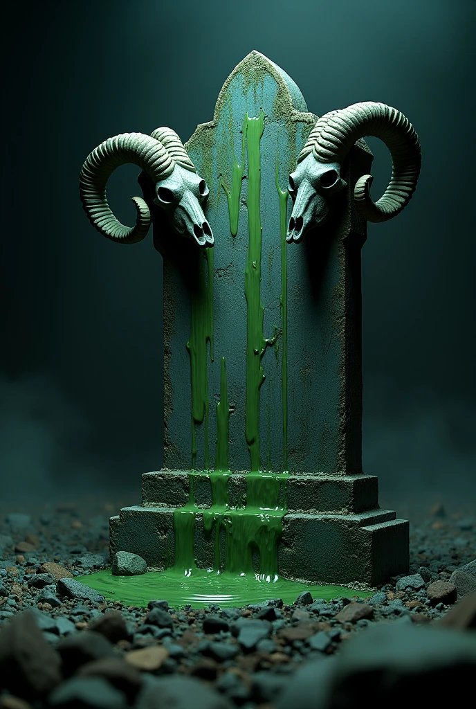 A broken and cracked tombstone, with black ram skulls and green slime overflowing from the cracks in the tombstone, and she is in the middle of the void of space