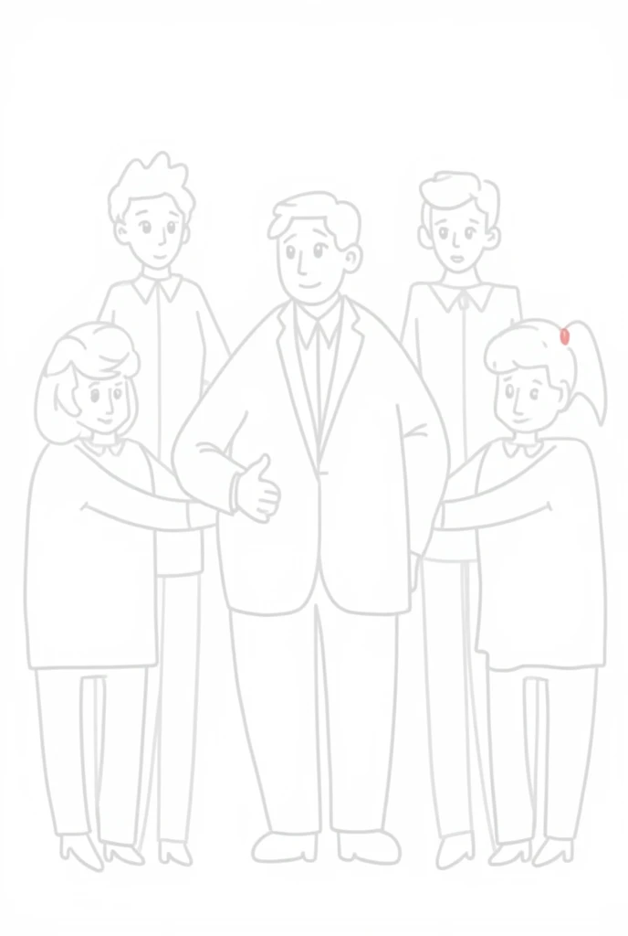 Create a very easy cartoon drawing of A large, diverse group of people working together, with the government person in the center. Without color and easy to draw