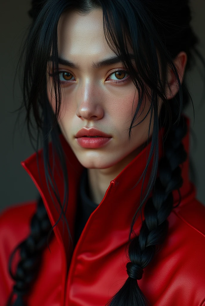 Male, Long black hair, half tied up, natural loose bangs, wearing red costume.