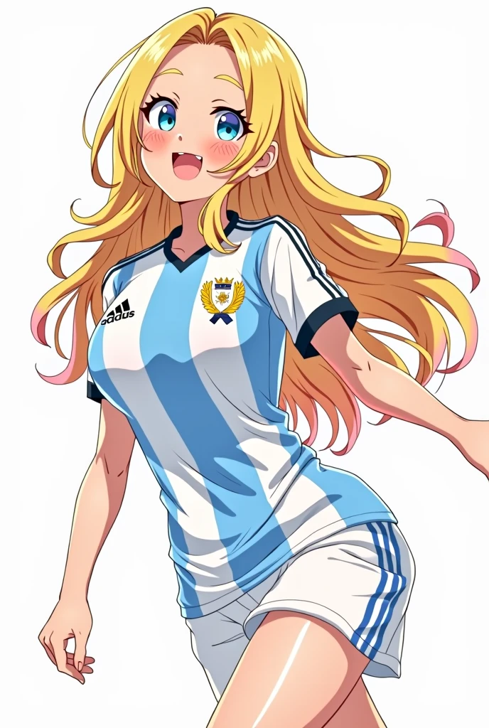 Create an illustration of Marin Kitagawa, A young anime girl with long blonde hair with pink tips, wearing an Argentina national football team jersey. The shirt is white with light blue stripes, It has the AFA shield (Argentine Football Association) on the chest and black details on the sleeves and collar. Marin shows a happy and energetic expression, with a dynamic pose that reflects his enthusiasm. The background is simple, allowing Marin and the shirt to stand out in the image.