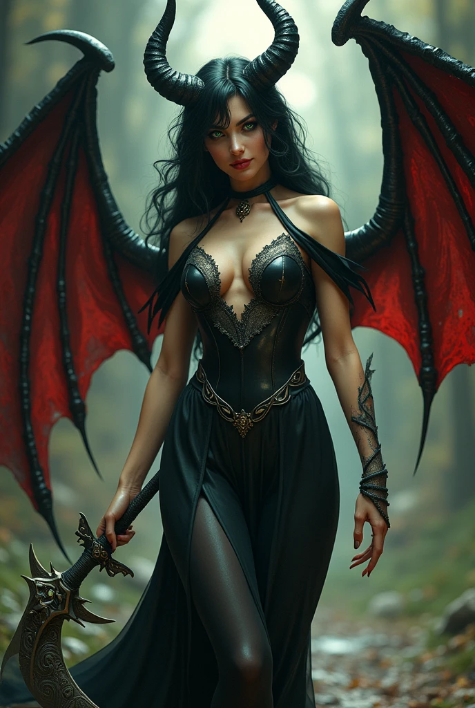 Art of Akihiko Yoshida a beautiful succubus, with black and red wings, green eyes, black long hair, carrying a scythe, wearing a long dress and close to the body, with a mischievous smile, medieval fantasy, well detailed, ar 2:3