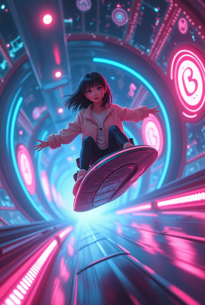 Japanese anime style,Term Machine,Woman riding on a flying carpet,Cryptocurrencyのトンネルを飛んでいる,Neon lit tunnel,Cryptocurrency,Bitcoin,Altcoins,Crypt,Traveling to the past,8k