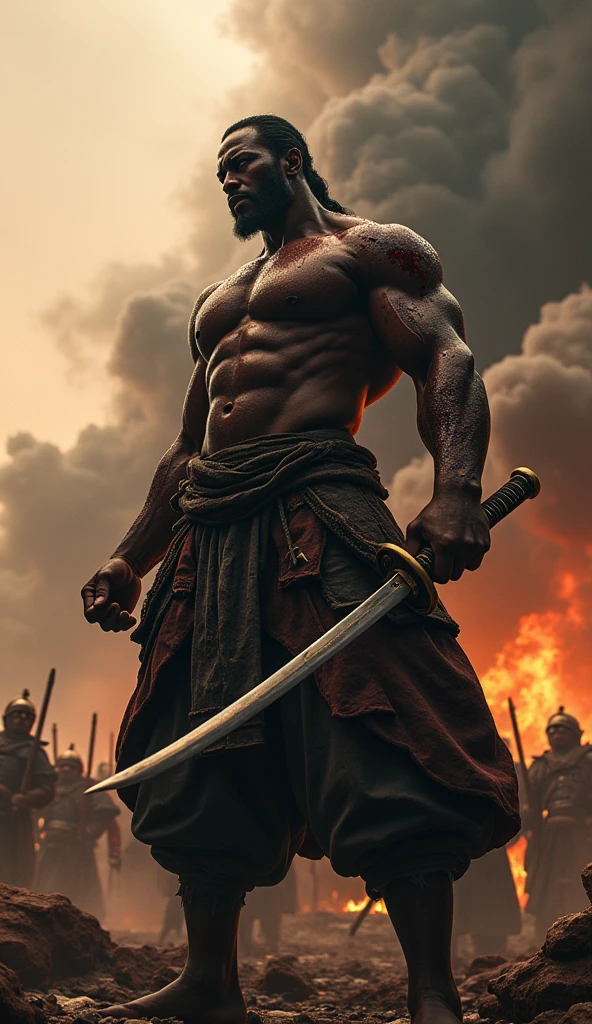 Close-up shot, Low angle shot, (Yasuke “A towering African man over six feet tall, with a muscular build and dark, glistening skin”, drenched in sweat and blood, watches in horror as Oda Nobunaga “Japan’s most powerful warlords “, is betrayed and mortally wounded. Yasuke’s face is a mix of shock, rage, and sorrow, his eyes wide with disbelief. He is surrounded by chaos—flames engulfing the temple, soldiers fighting and dying, and the sound of shattering wood and metal. The background is a scene of utter destruction, with the once grand temple now a burning ruin, the sky filled with smoke and ash. Yasuke’s body is tense, his hand gripping his katana so tightly that his knuckles turn white, as he struggles to comprehend the loss of his lord and friend.) unreal engine, cinematic, hyper-real, highly detailed, Ultra realistic HD --q 2 --v 6.1 --ar 9:16  