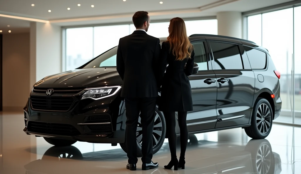 A married couple stands with their backs to the camera next to a black luxury minivan in a car showroom, full body
