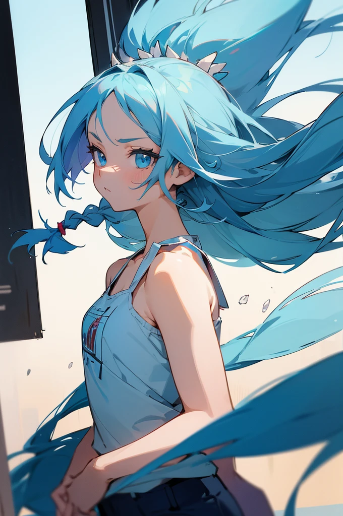 hd, Anime girl, clean and meticulous anime art, blue hair with white tips, long hair tied into a single braid, spiky hairstyle, beautiful anime art style, athletic anime girl portrait, light blue eyes, lovely art style, Soft anime illustration, confident, pants, camisole, thin waist, upper body, standing.