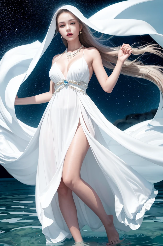 Beautiful woman in white dress standing in sea water，flowing skirt, barefoot, glowing face, eyes shining, pale skin, goddess, get the key, Diamond necklace, Pearl in water, night, Starry Sky, Sky and Milky Way, full moon in background, Como uma goddess, Walk on water, enlightened woman, blue water, wearing a White flowing dress, White flowing dress, She floats in the air, flowing white robe, stand on tiptoes, elegant dress, lindo White long skirt longo, Wearing a flowing dress, floating in the air, White long skirt, Stylish floating pose, hair blowing in the wind, girl dancing in white dress, mystery, magic, realist, shocking, dark, Dramatic, , mystery, goddess