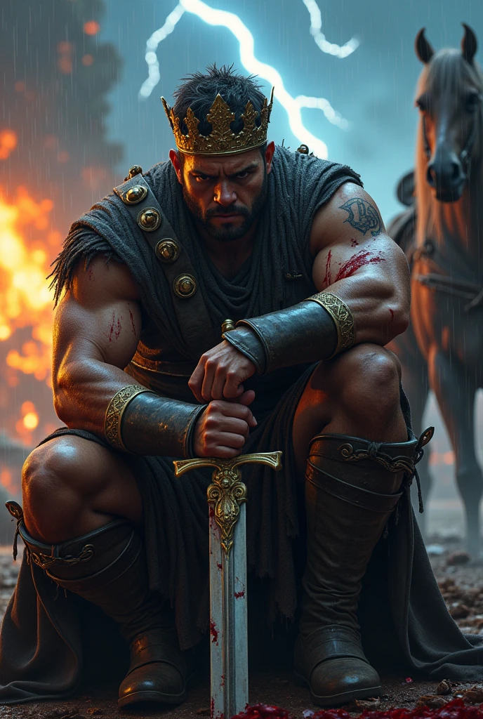 A great strong yong warrior finished a war.  but he was tired he sitting upto his knees with his sword in his hand. He wiring a dangerous war dress.he have a crown. He is eyes are dangerous.It was a very raining night. Lighting the sky. A horse standing behind the warrior. He are injured blood flowing his body. He was Brave. Dangerous destroying fire background. The warrior totally sweating.