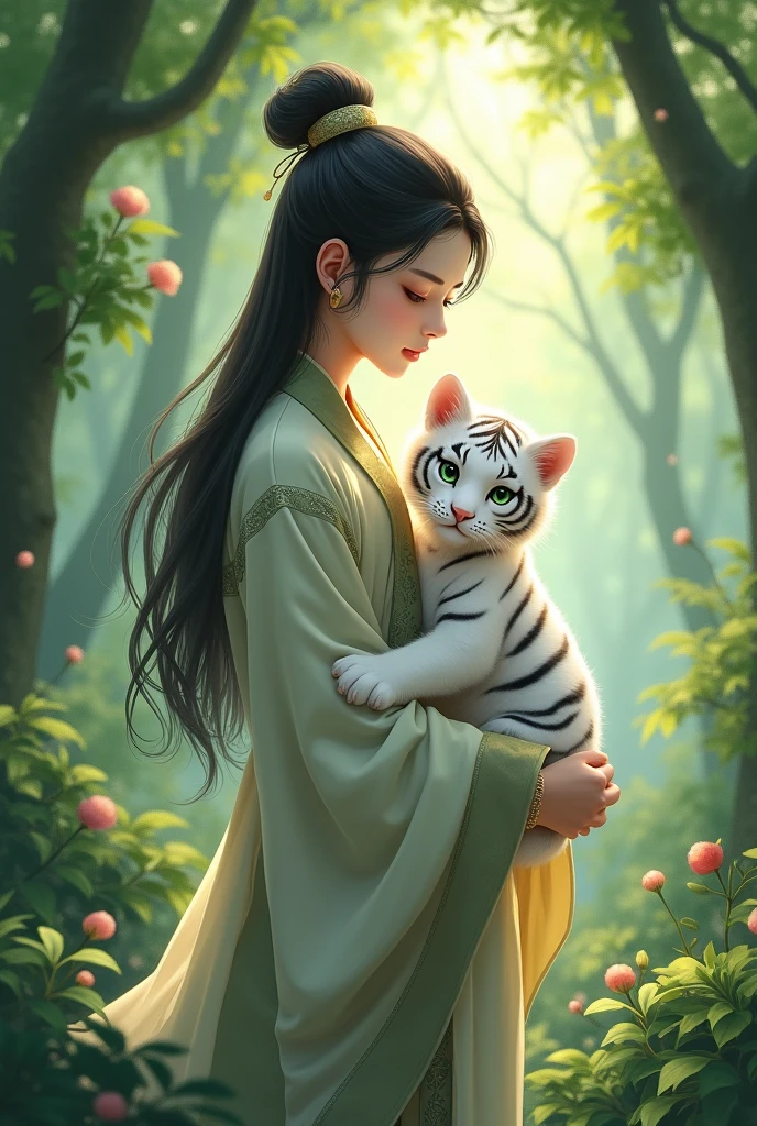 A white-skinned man with a pretty face, wearing an ancient Chinese costume, 1, green eyes, long black hair, holding a white tiger cub without stripes in the forest. Cute style picture.