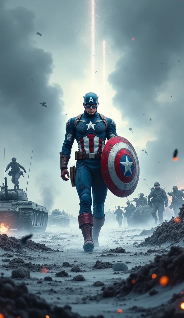 Depict Captain America walking through a battlefield frozen in time, with a striking contrast between his vibrant presence and the static, monochromatic world around him. Captain America is at the center of the image, moving forward with purpose, his shield at the ready, and his face set in a serious, contemplative expression as he surveys the scene.
The battlefield around him is filled with soldiers in mid-action—some caught in the act of charging, others frozen as they fall, and a few locked in intense combat. Explosions are suspended in mid-air, with debris and shrapnel hanging motionless, capturing the violence of the moment in perfect stillness. The scene should convey a sense of chaos halted in its tracks, with everything except Captain America frozen as if time itself has been paused.
The colors of the battlefield are muted, almost black and white, emphasizing the eerie stillness. In contrast, Captain America remains in full, vibrant color, his red, white, and blue uniform standing out against the desaturated background. The ground beneath him shows the scars of battle—craters, torn earth, and scattered weapons—highlighting the devastation around him.
A faint, distorted ripple effect should emanate from Captain America as he moves, subtly indicating his control over time. In the distance, the outlines of tanks and warplanes can be seen, also frozen in time, with trails of smoke hanging motionless in the air. The sky above is dark and foreboding, with thick clouds that seem to press down on the scene, adding to the oppressive atmosphere.
The overall composition should evoke a sense of both power and isolation, as Captain America navigates through a moment torn from the flow of time, reflecting on the consequences of his newfound ability.