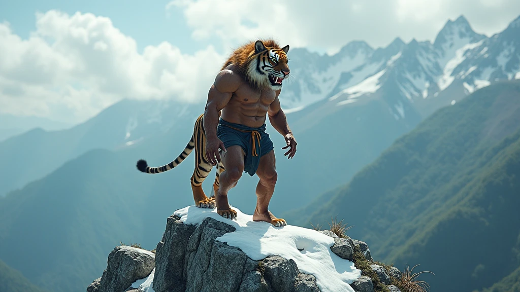 An Indonesian man looks like a tiger standing on a mountain 8k