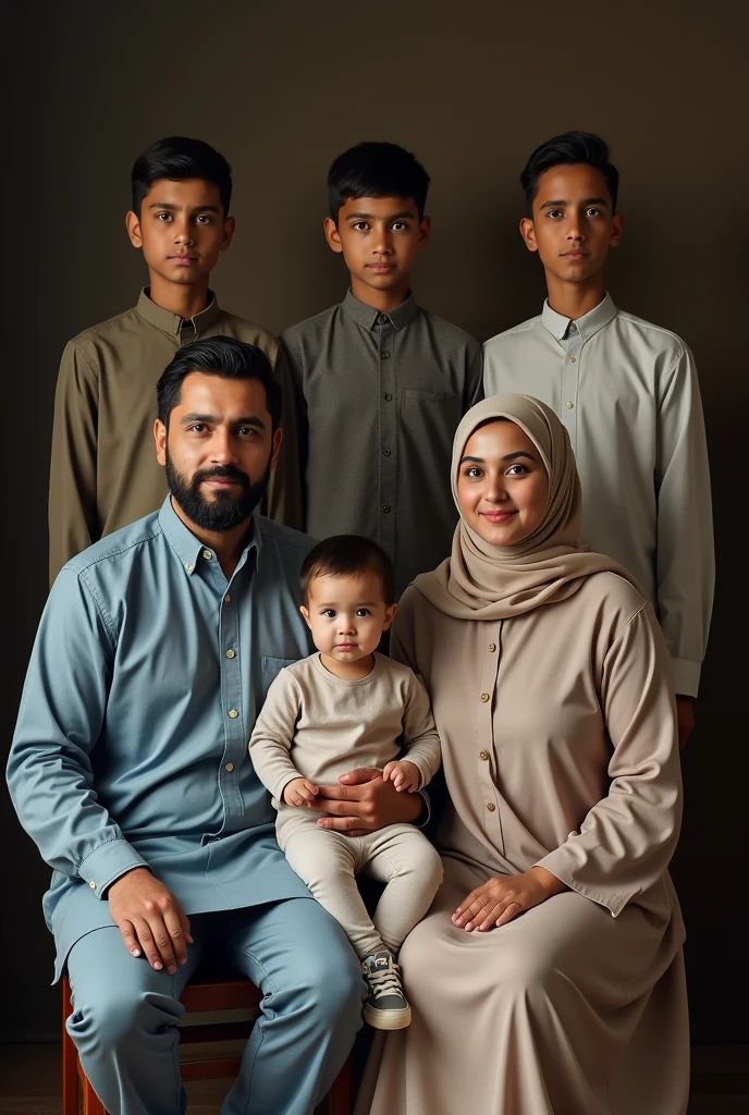 photo of a family containing 5 people dressed in Muslim clothes, 3 people are sitting on chairs, his 50 year old father sits on the far left with black hair and a thin body, in the middle sits his toddler son, on the far right sits his 3 mother wearing a hijab with slightly fat body, behind him stood 2 boys, one , not too tall and thin, and the other 1, tall and rather thin.