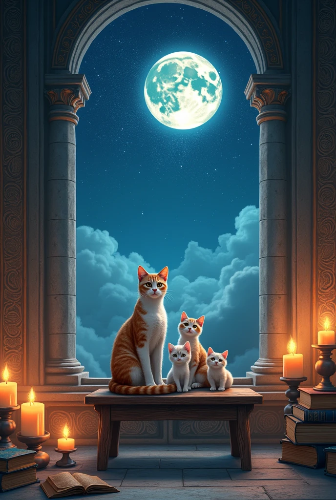 Give me a cat with 2 kittens on the table with 2 candles and books in an ancient Asian temple and a starry sky with a beautiful moon