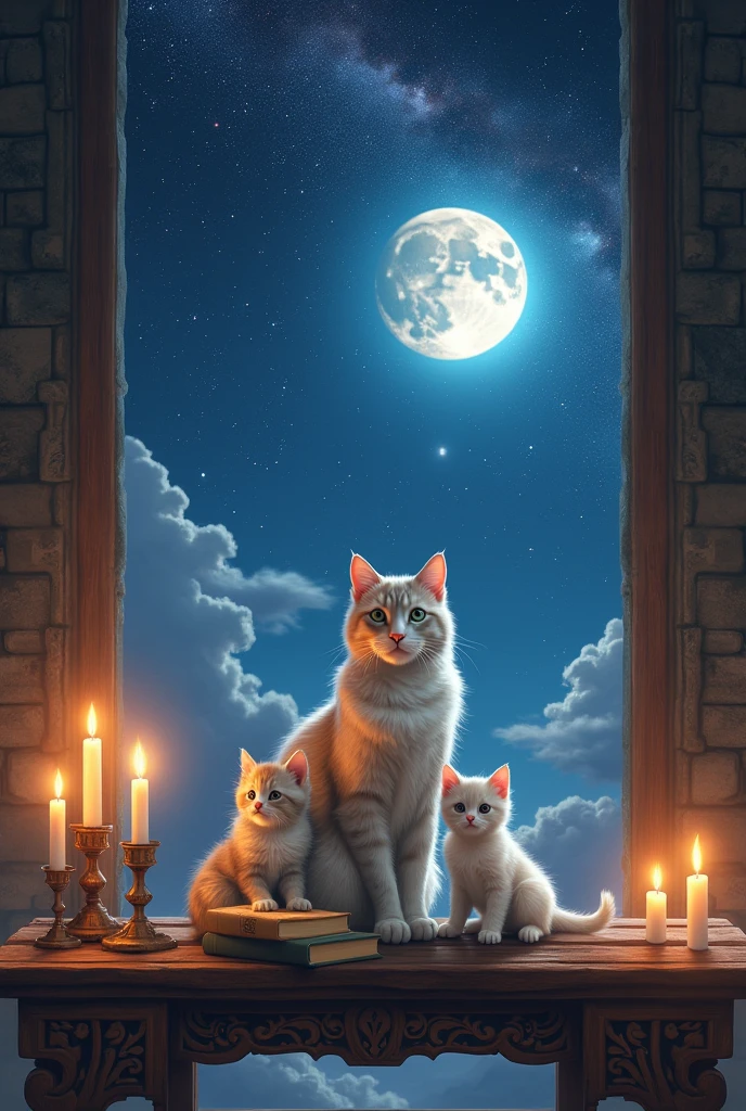 Give me a cat with 2 kittens on the table with 2 candles and books in an ancient Asian temple and a starry sky with a beautiful moon