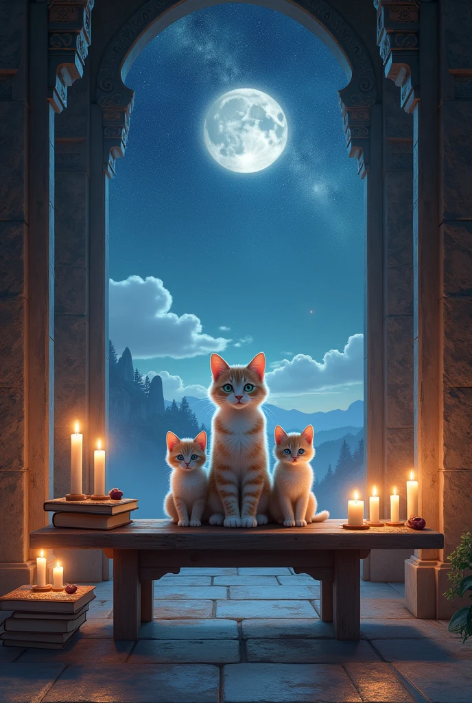 Give me a cat with 2 kittens on the table with 2 candles and books in an ancient Asian temple and a starry sky with a beautiful moon